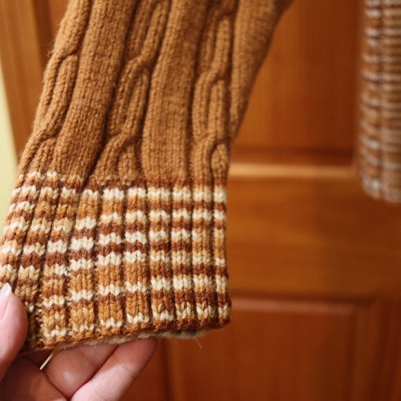 Vintage Handmade 70s Brown Plaid Chunky Knit Zip Cardigan Sweater LG - Picture 9 of 10